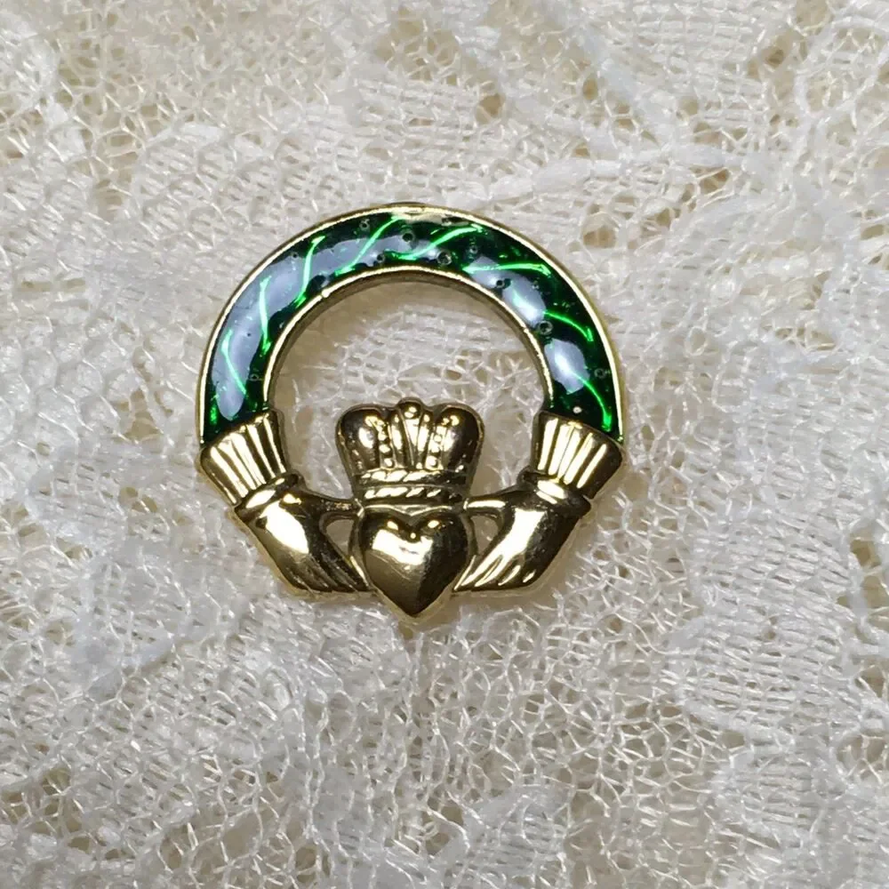 Vintage Gold Tone Green Enamel Irish Claddagh Lapel Pin Brooch signed Heart